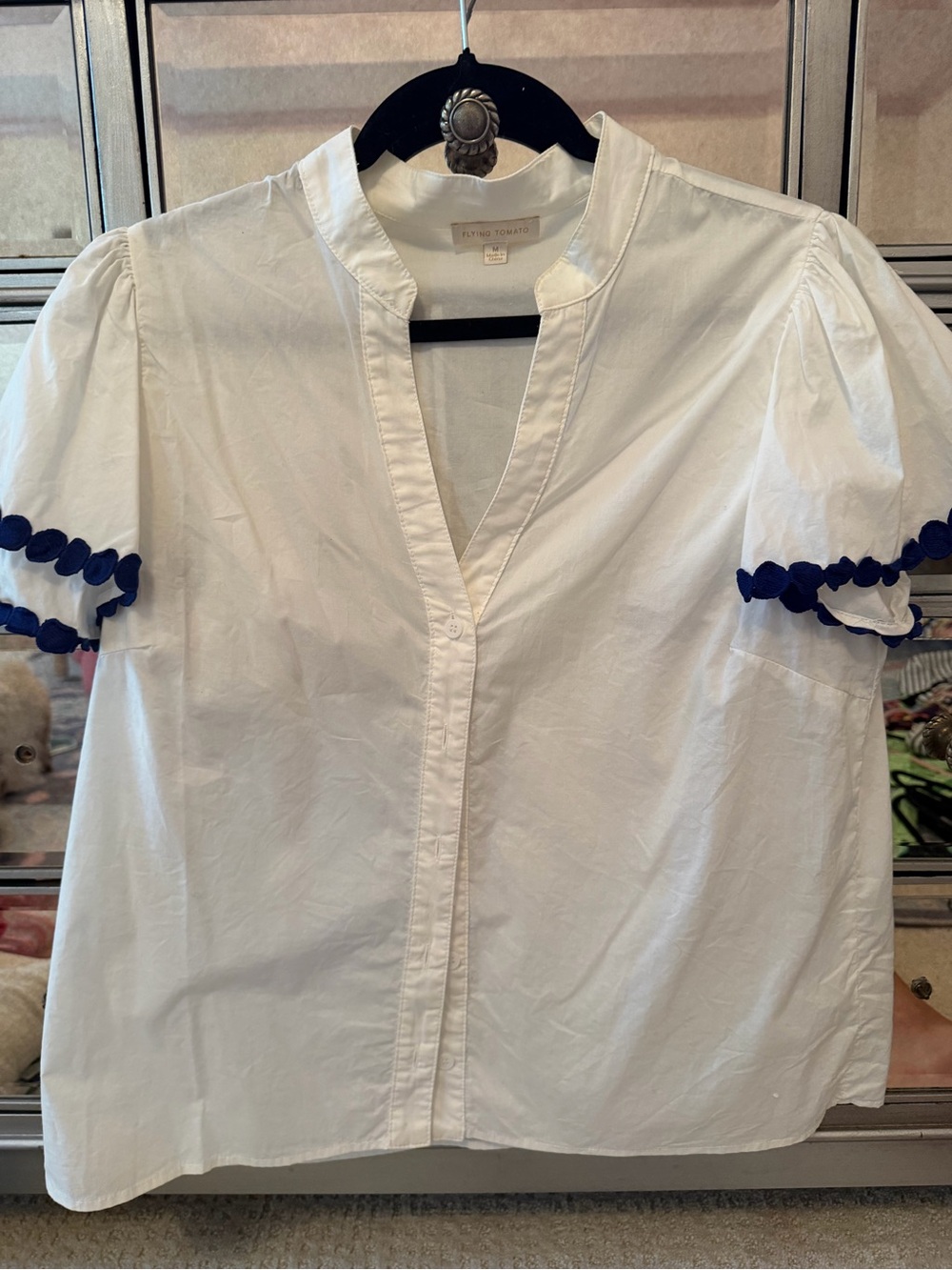 Flying Tomato White Poplin Short-Sleeve Blouse with Navy Trim
